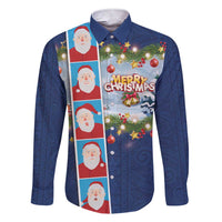 Merry Christmas Family Matching Short Sleeve Bodycon Dress and Hawaiian Shirt Funny Santa Claus Cards Photo and Polynesian Pattern Blue Color LT03 Dad's Shirt - Long Sleeve Blue - Polynesian Pride
