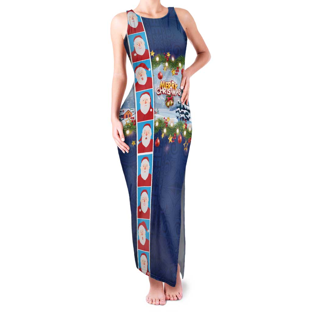 Merry Christmas Family Matching Tank Maxi Dress and Hawaiian Shirt Funny Santa Claus Cards Photo and Polynesian Pattern Blue Color LT03 Mom's Dress Blue - Polynesian Pride