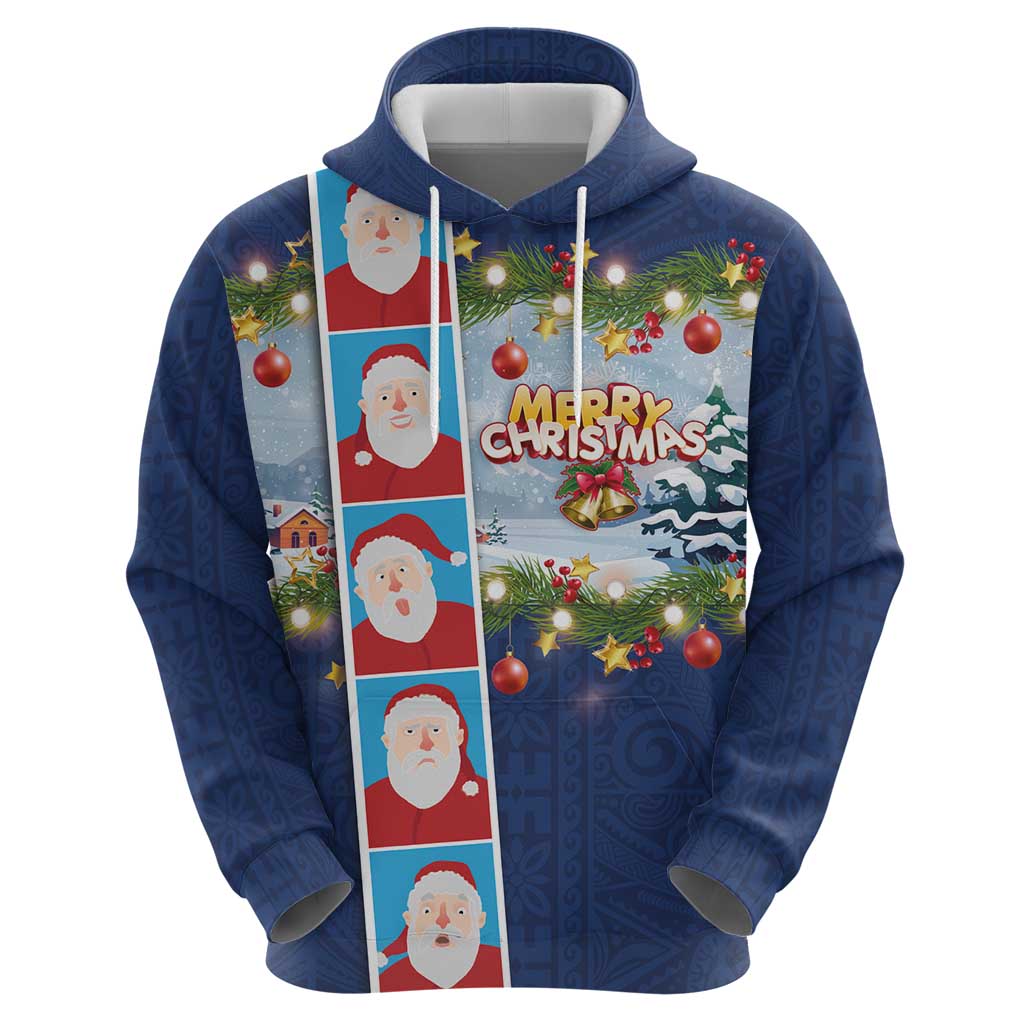 Merry Christmas Hoodie Funny Santa Claus Cards Photo and Polynesian Pattern Blue Color