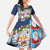 Merry Christmas Kid Short Sleeve Dress Funny Santa Claus Cards Photo and Polynesian Pattern Blue Color