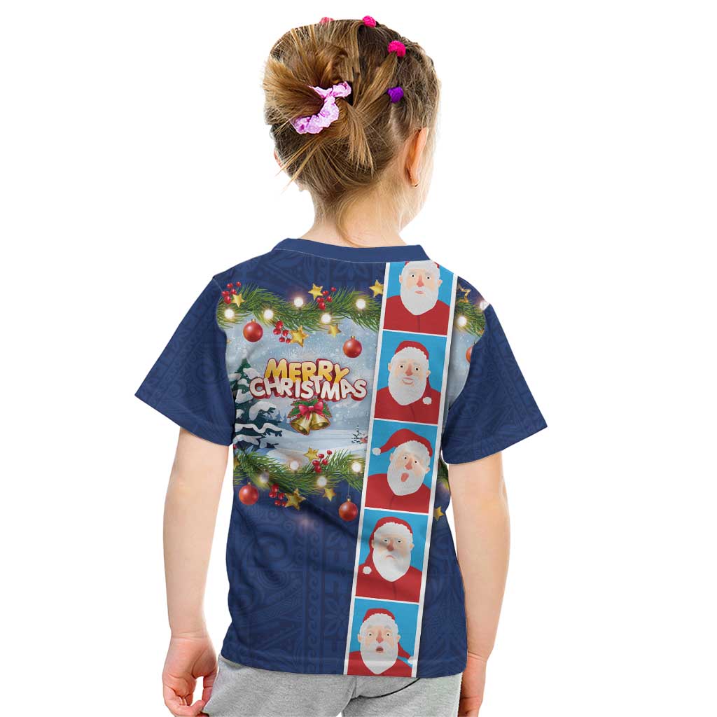 Merry Christmas Kid T Shirt Funny Santa Claus Cards Photo and Polynesian Pattern Blue Color LT03 - Polynesian Pride