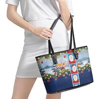 Merry Christmas Leather Tote Bag Funny Santa Claus Cards Photo and Polynesian Pattern Blue Color LT03 - Polynesian Pride
