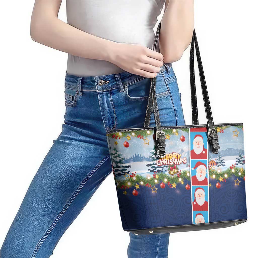 Merry Christmas Leather Tote Bag Funny Santa Claus Cards Photo and Polynesian Pattern Blue Color LT03 - Polynesian Pride