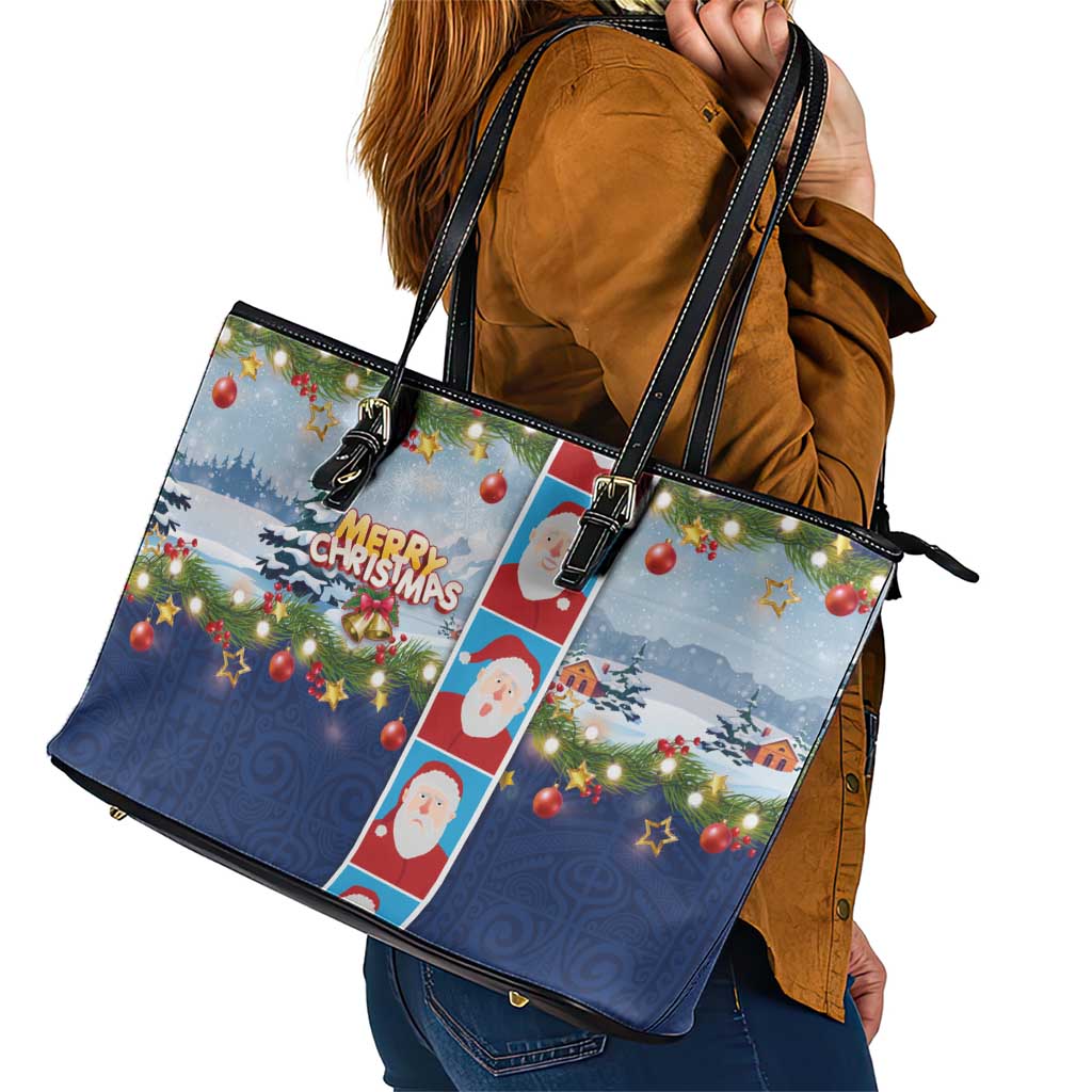 Merry Christmas Leather Tote Bag Funny Santa Claus Cards Photo and Polynesian Pattern Blue Color LT03 - Polynesian Pride