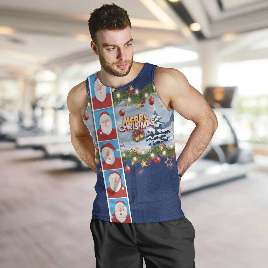 Merry Christmas Men Tank Top Funny Santa Claus Cards Photo and Polynesian Pattern Blue Color