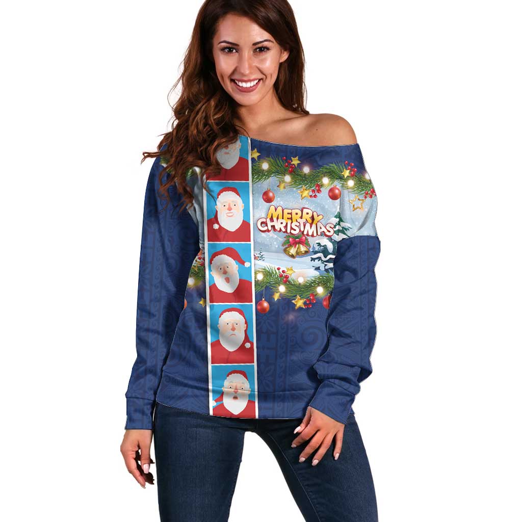 Merry Christmas Off Shoulder Sweater Funny Santa Claus Cards Photo and Polynesian Pattern Blue Color