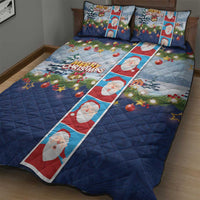 Merry Christmas Quilt Bed Set Funny Santa Claus Cards Photo and Polynesian Pattern Blue Color LT03