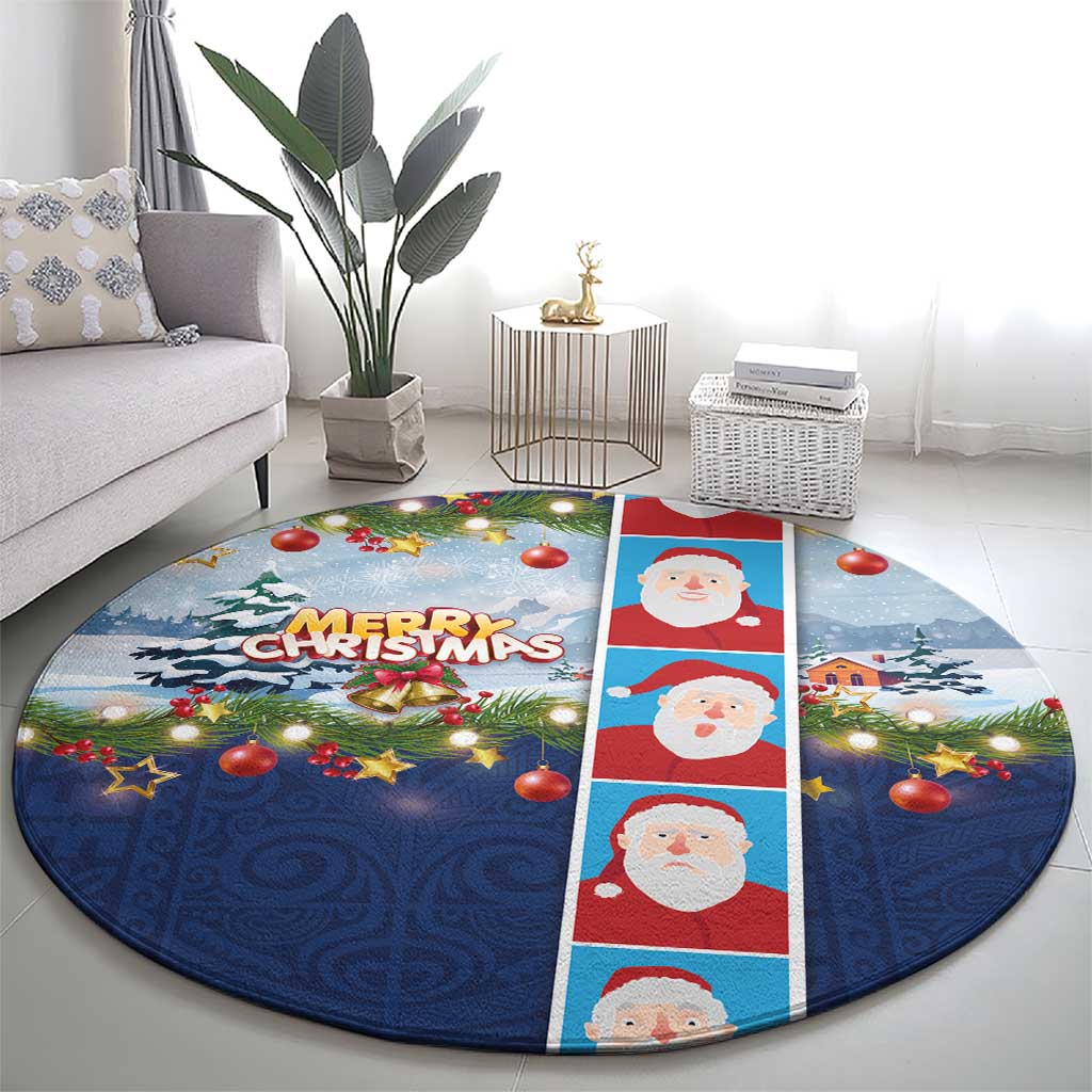 Merry Christmas Round Carpet Funny Santa Claus Cards Photo and Polynesian Pattern Blue Color LT03