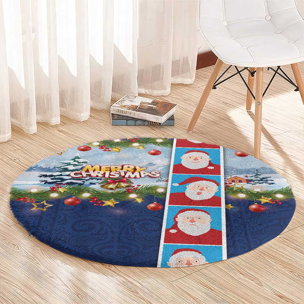 Merry Christmas Round Carpet Funny Santa Claus Cards Photo and Polynesian Pattern Blue Color LT03