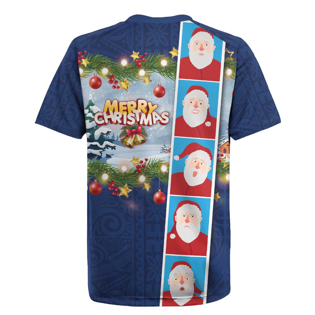 Merry Christmas Rugby Jersey Funny Santa Claus Cards Photo and Polynesian Pattern Blue Color