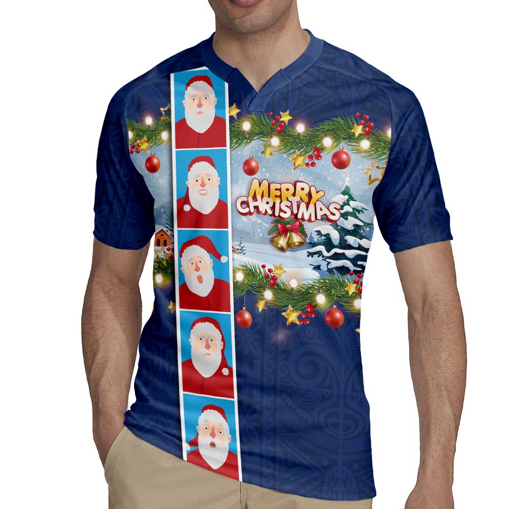 Merry Christmas Rugby Jersey Funny Santa Claus Cards Photo and Polynesian Pattern Blue Color