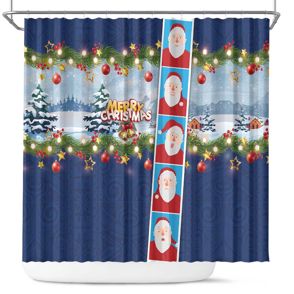 Merry Christmas Shower Curtain Funny Santa Claus Cards Photo and Polynesian Pattern Blue Color LT03