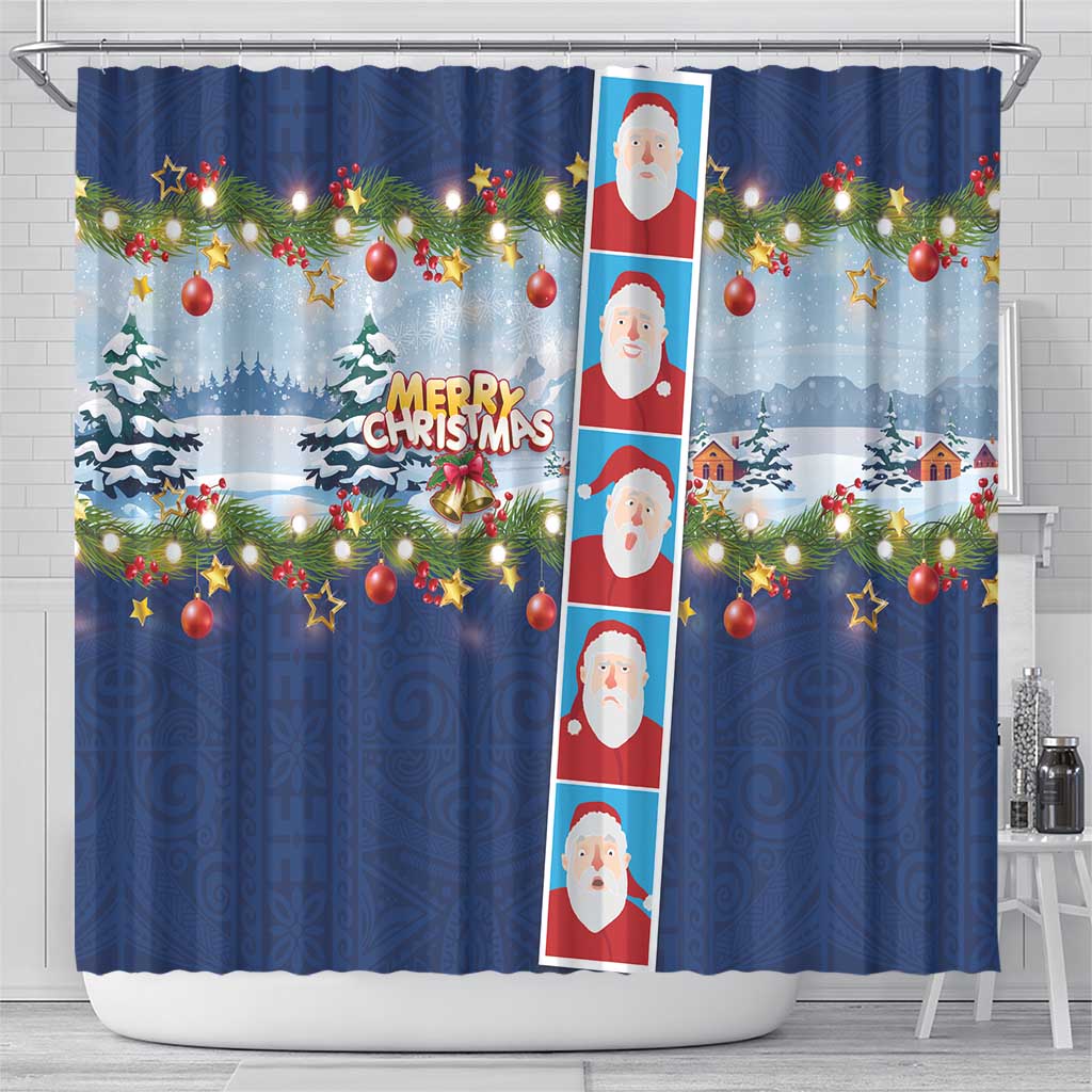 Merry Christmas Shower Curtain Funny Santa Claus Cards Photo and Polynesian Pattern Blue Color LT03 - Polynesian Pride