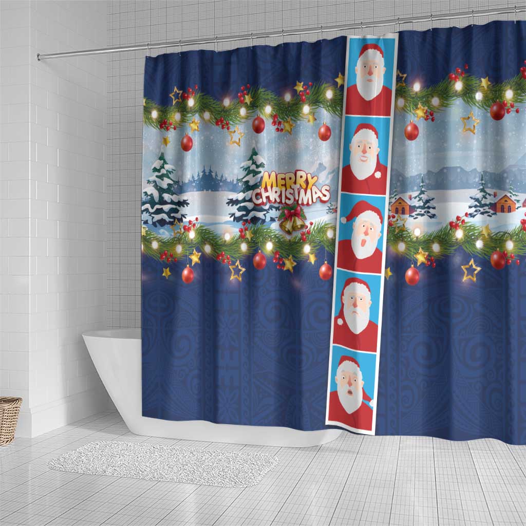 Merry Christmas Shower Curtain Funny Santa Claus Cards Photo and Polynesian Pattern Blue Color LT03 - Polynesian Pride