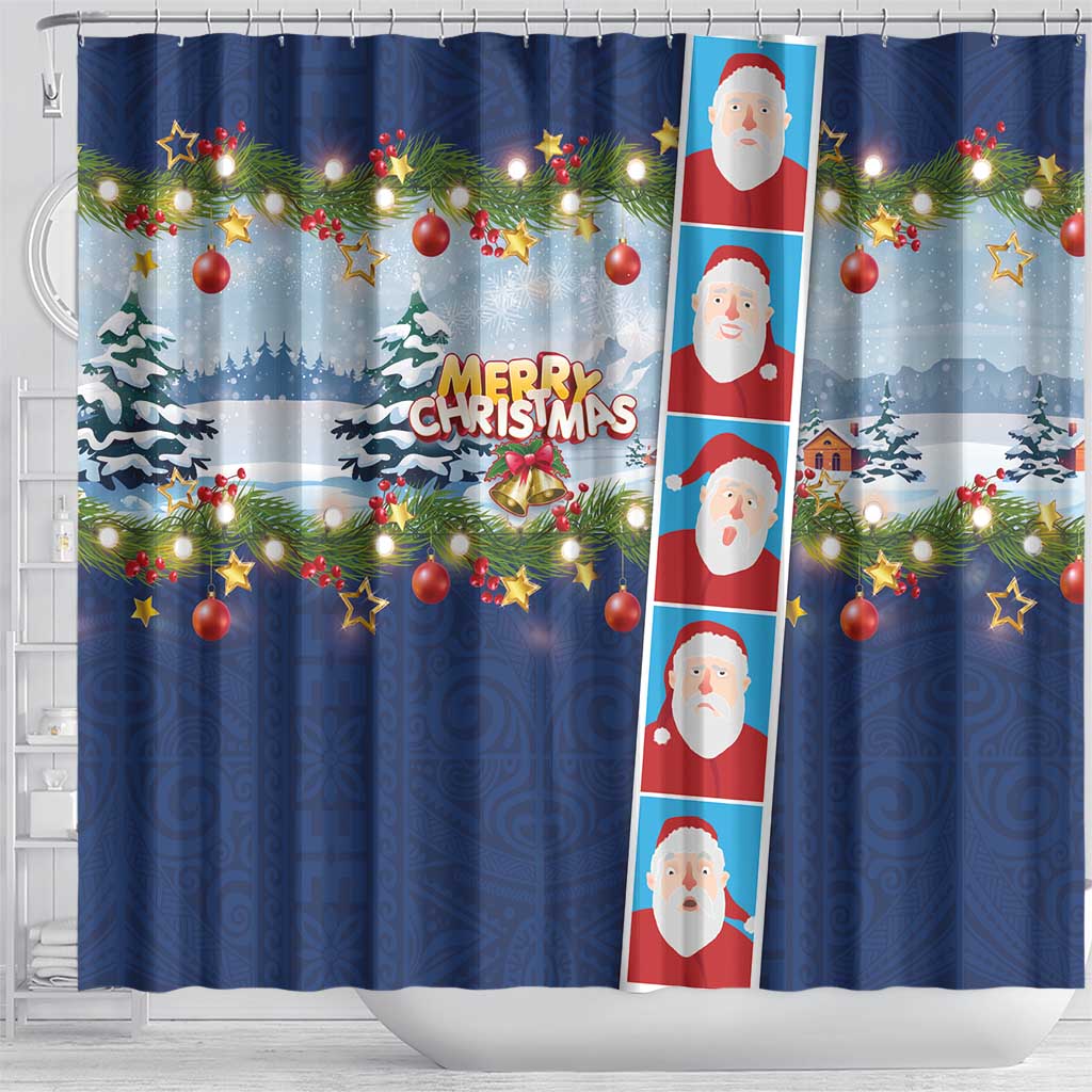 Merry Christmas Shower Curtain Funny Santa Claus Cards Photo and Polynesian Pattern Blue Color LT03 - Polynesian Pride