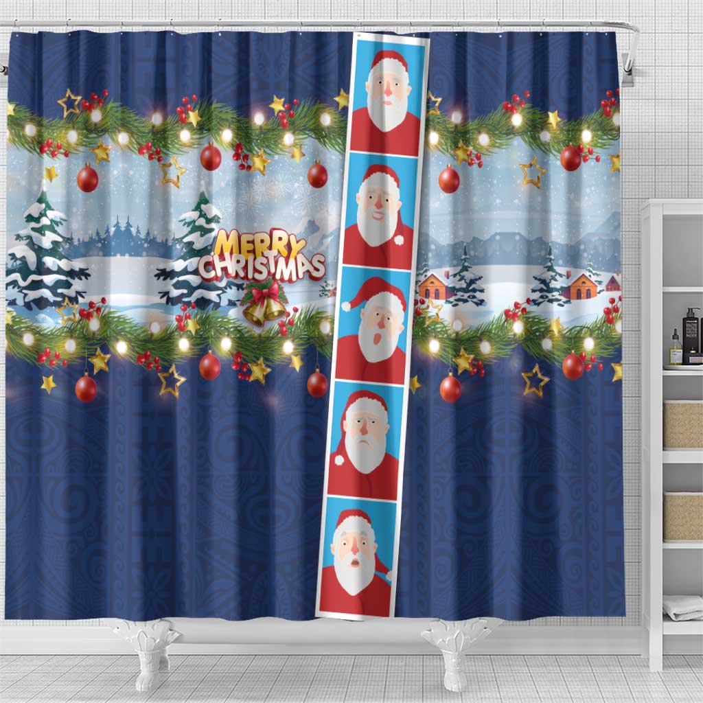 Merry Christmas Shower Curtain Funny Santa Claus Cards Photo and Polynesian Pattern Blue Color LT03 - Polynesian Pride