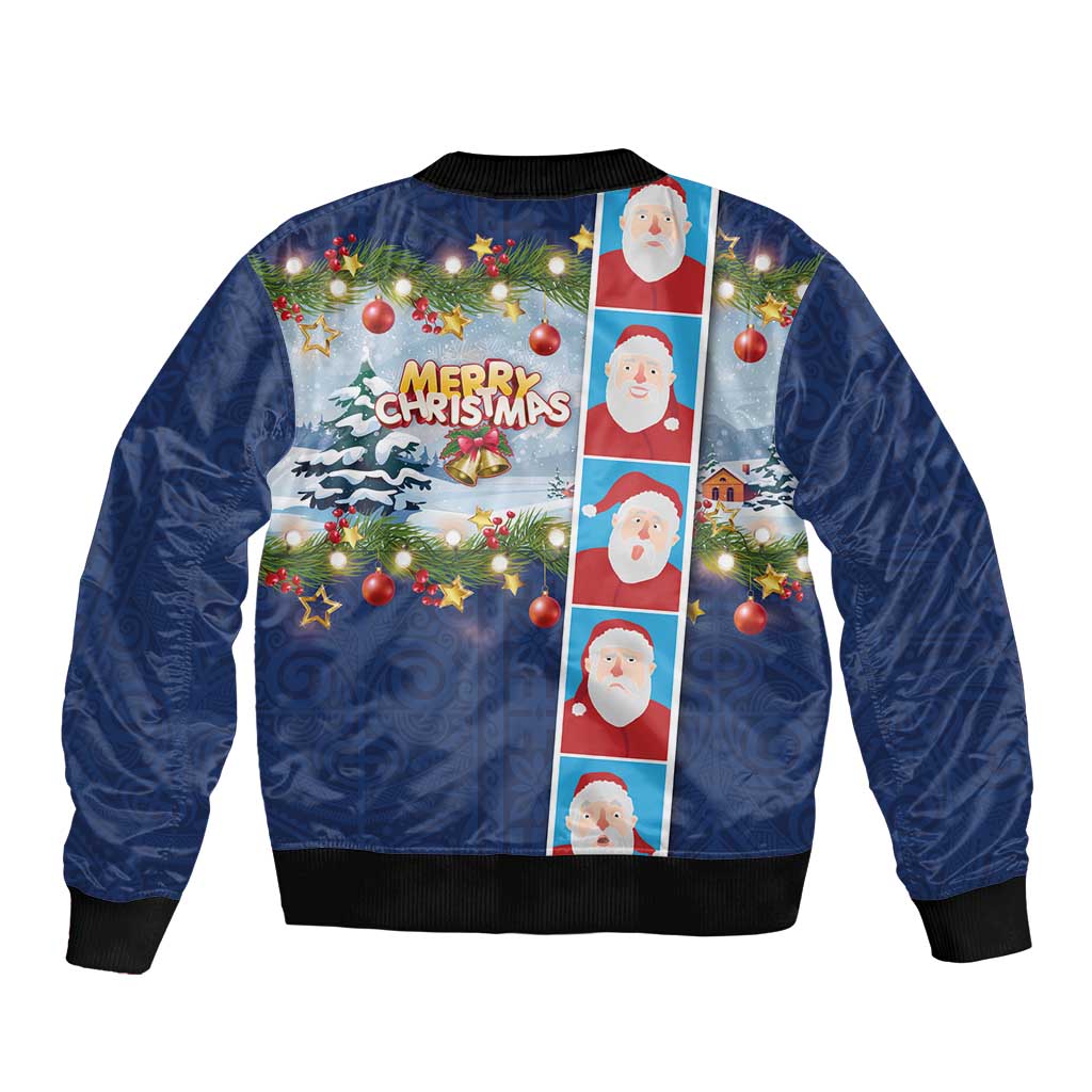Merry Christmas Sleeve Zip Bomber Jacket Funny Santa Claus Cards Photo and Polynesian Pattern Blue Color