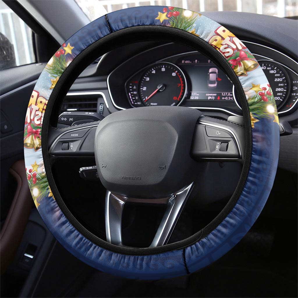 Merry Christmas Steering Wheel Cover Funny Santa Claus Cards Photo and Polynesian Pattern Blue Color LT03