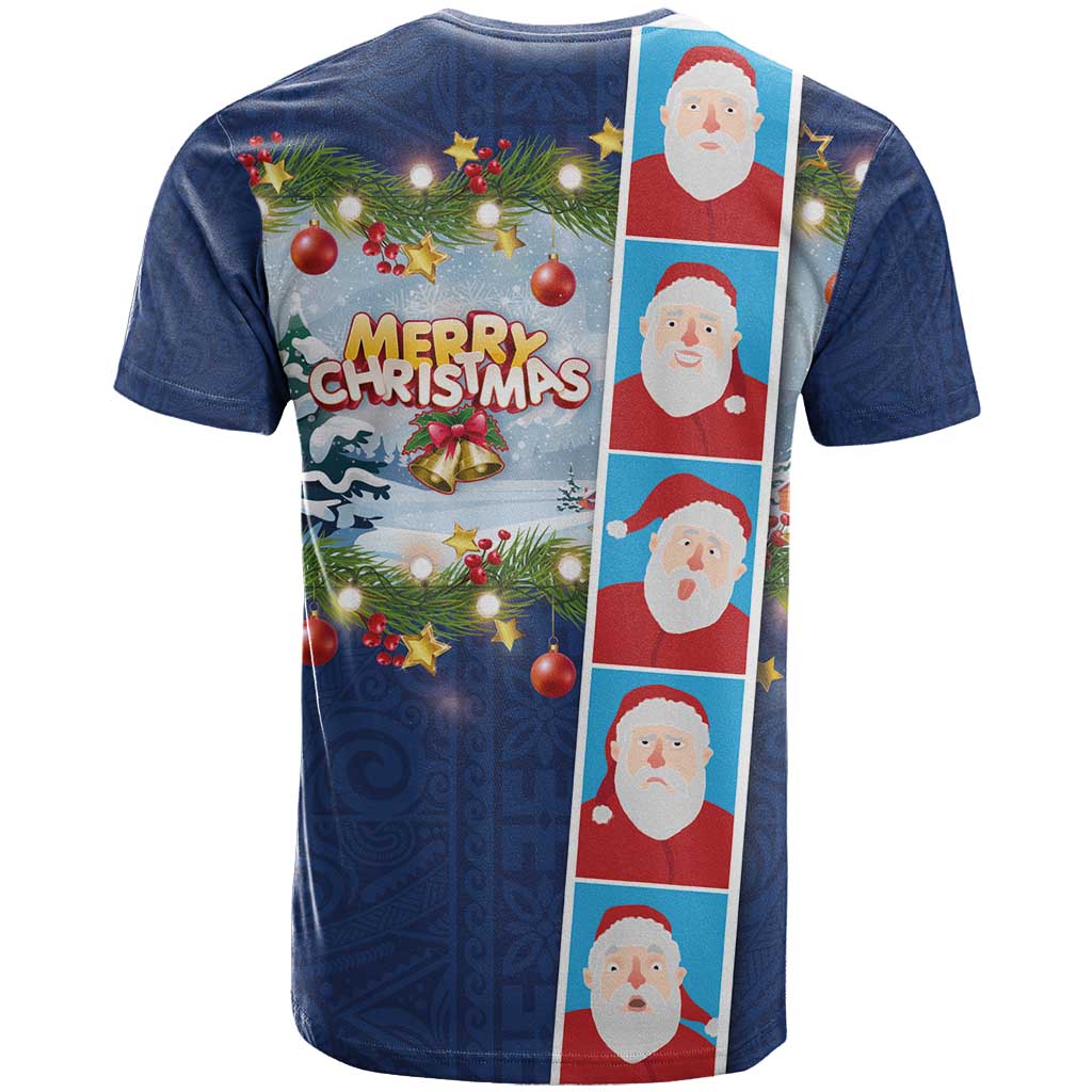 Merry Christmas T Shirt Funny Santa Claus Cards Photo and Polynesian Pattern Blue Color LT03 - Polynesian Pride