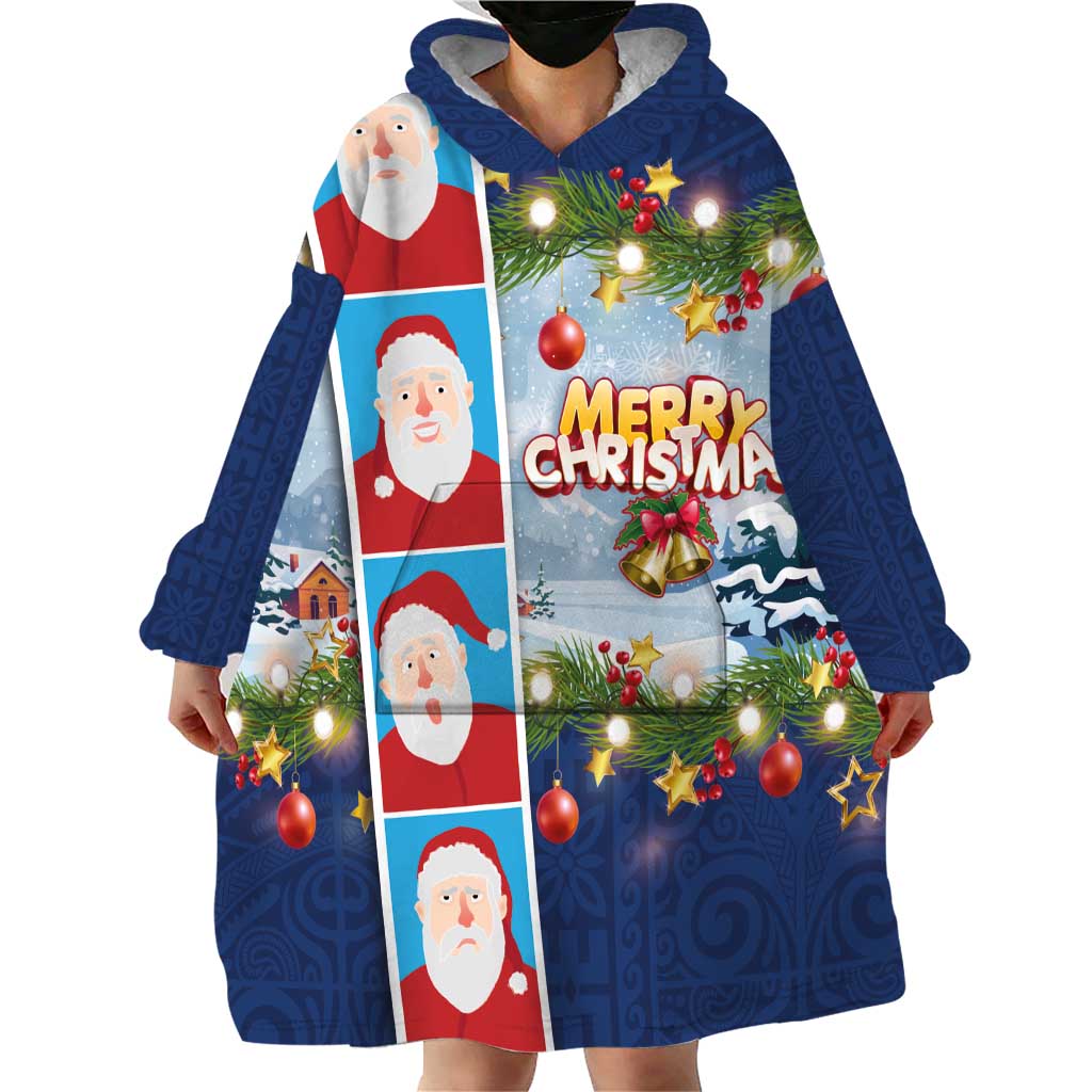 Merry Christmas Wearable Blanket Hoodie Funny Santa Claus Cards Photo and Polynesian Pattern Blue Color