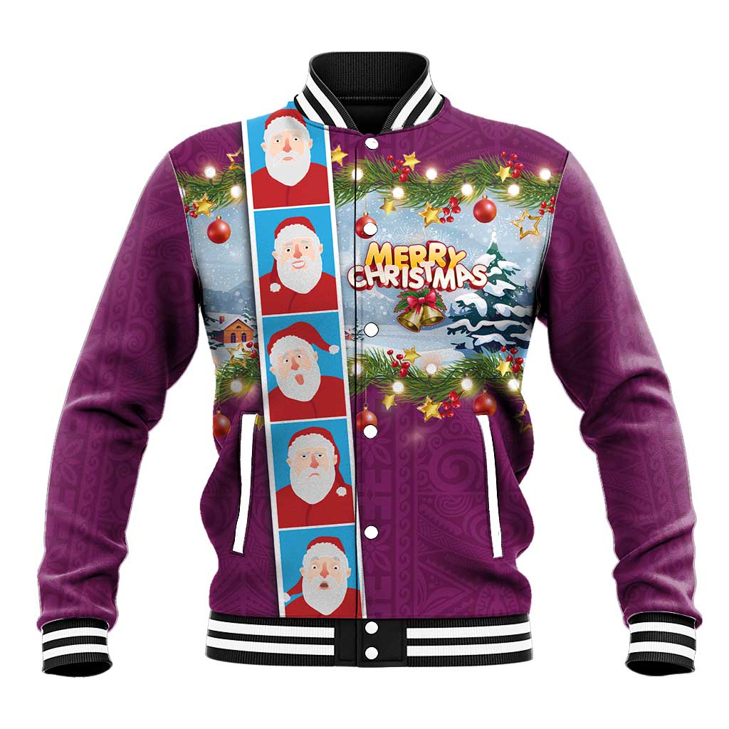 Merry Christmas Baseball Jacket Funny Santa Claus Cards Photo and Polynesian Pattern Pink Color LT03 Unisex Pink - Polynesian Pride