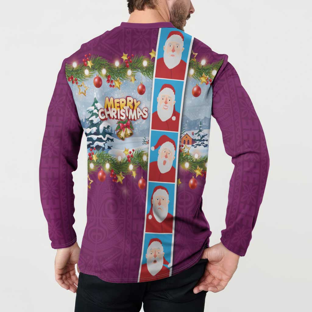 Merry Christmas Button Sweatshirt Funny Santa Claus Cards Photo and Polynesian Pattern Pink Color