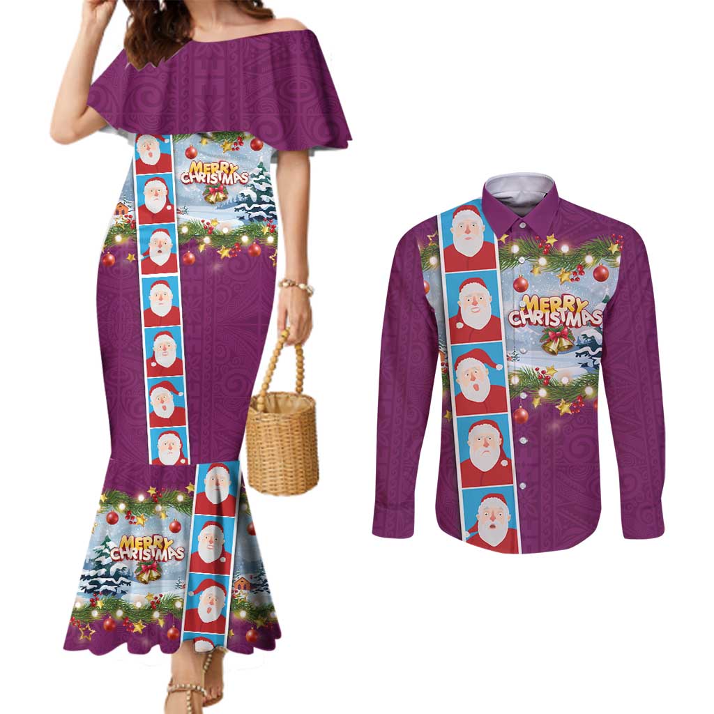 Merry Christmas Couples Matching Mermaid Dress and Long Sleeve Button Shirt Funny Santa Claus Cards Photo and Polynesian Pattern Pink Color