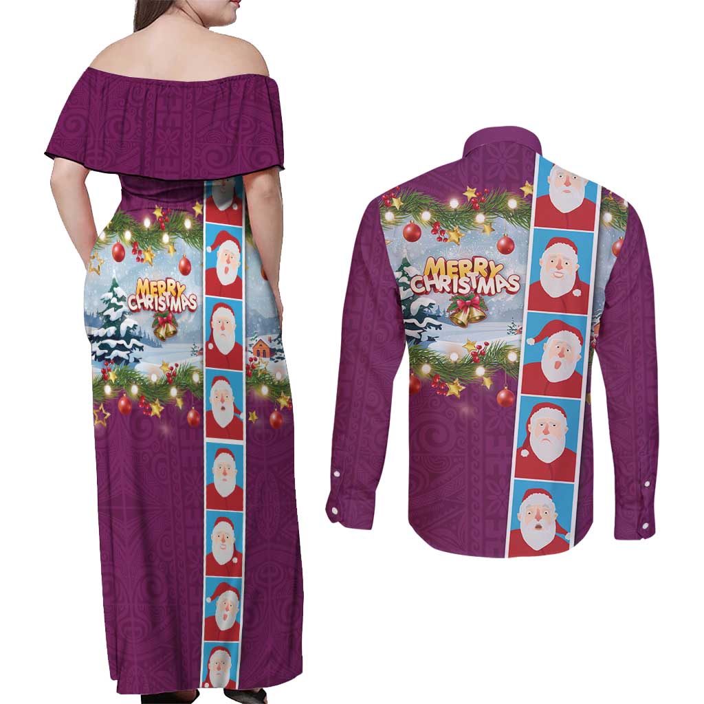 Merry Christmas Couples Matching Off Shoulder Maxi Dress and Long Sleeve Button Shirt Funny Santa Claus Cards Photo and Polynesian Pattern Pink Color