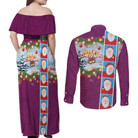 Merry Christmas Couples Matching Off Shoulder Maxi Dress and Long Sleeve Button Shirt Funny Santa Claus Cards Photo and Polynesian Pattern Pink Color