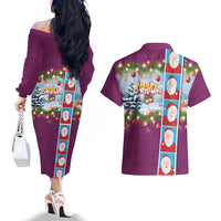 Merry Christmas Couples Matching Off The Shoulder Long Sleeve Dress and Hawaiian Shirt Funny Santa Claus Cards Photo and Polynesian Pattern Pink Color