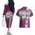 Merry Christmas Couples Matching Off The Shoulder Long Sleeve Dress and Hawaiian Shirt Funny Santa Claus Cards Photo and Polynesian Pattern Pink Color