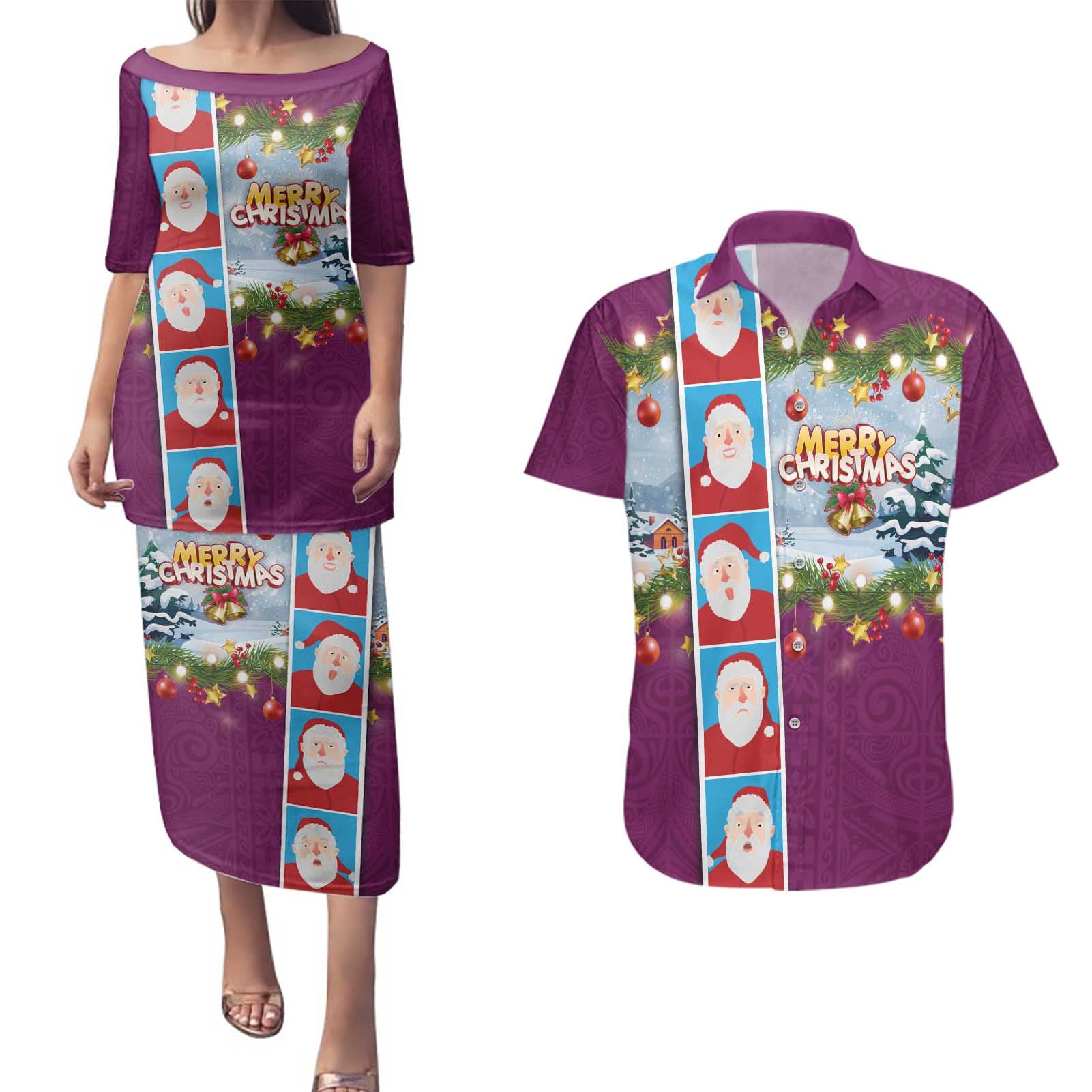 Merry Christmas Couples Matching Puletasi and Hawaiian Shirt Funny Santa Claus Cards Photo and Polynesian Pattern Pink Color