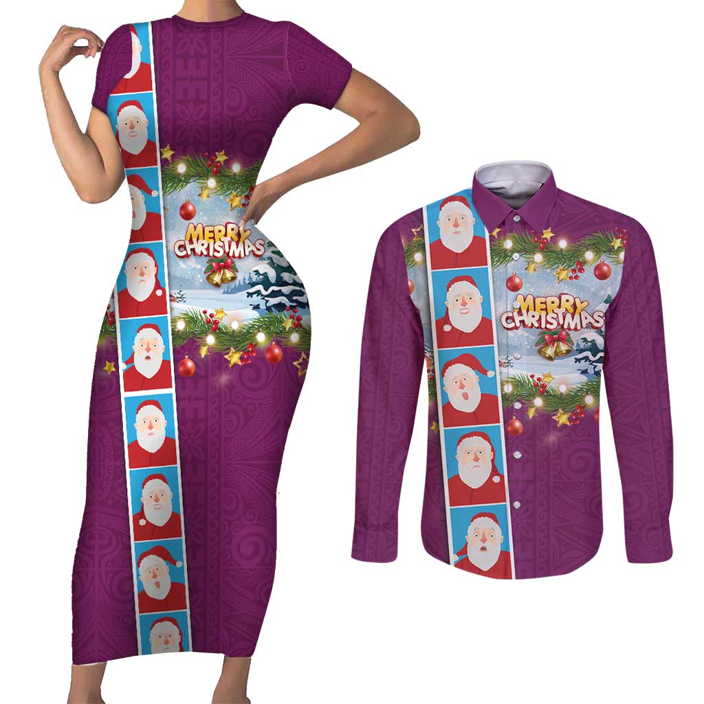 Merry Christmas Couples Matching Short Sleeve Bodycon Dress and Long Sleeve Button Shirt Funny Santa Claus Cards Photo and Polynesian Pattern Pink Color