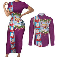 Merry Christmas Couples Matching Short Sleeve Bodycon Dress and Long Sleeve Button Shirt Funny Santa Claus Cards Photo and Polynesian Pattern Pink Color