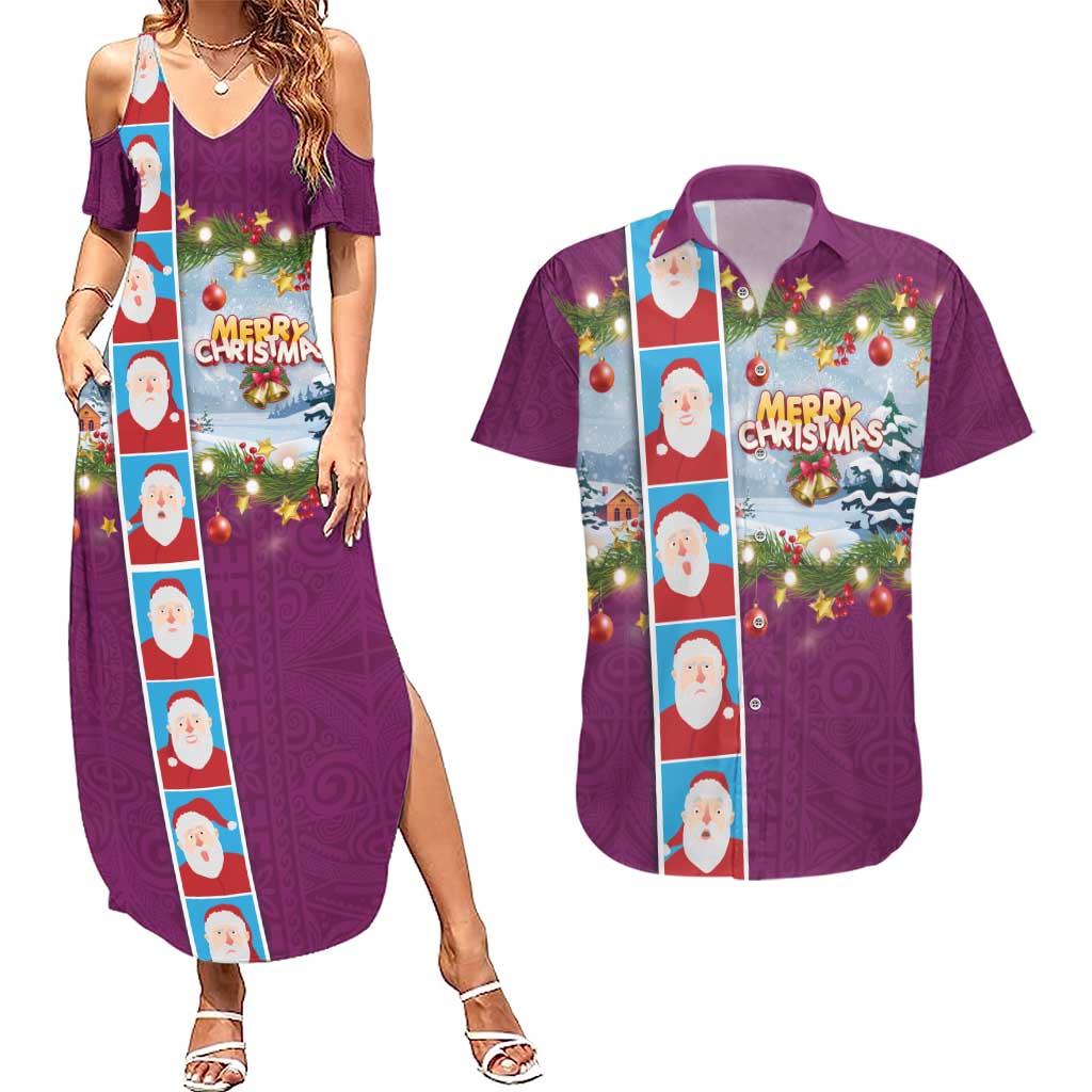 Merry Christmas Couples Matching Summer Maxi Dress and Hawaiian Shirt Funny Santa Claus Cards Photo and Polynesian Pattern Pink Color