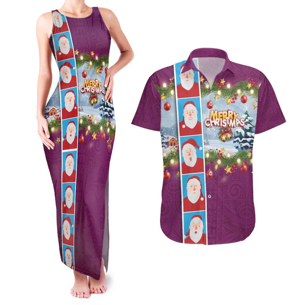 Merry Christmas Couples Matching Tank Maxi Dress and Hawaiian Shirt Funny Santa Claus Cards Photo and Polynesian Pattern Pink Color