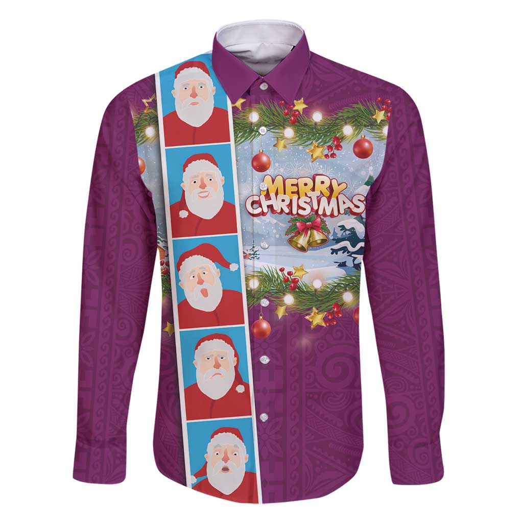 Merry Christmas Family Matching Off Shoulder Maxi Dress and Hawaiian Shirt Funny Santa Claus Cards Photo and Polynesian Pattern Pink Color LT03 Dad's Shirt - Long Sleeve Pink - Polynesian Pride