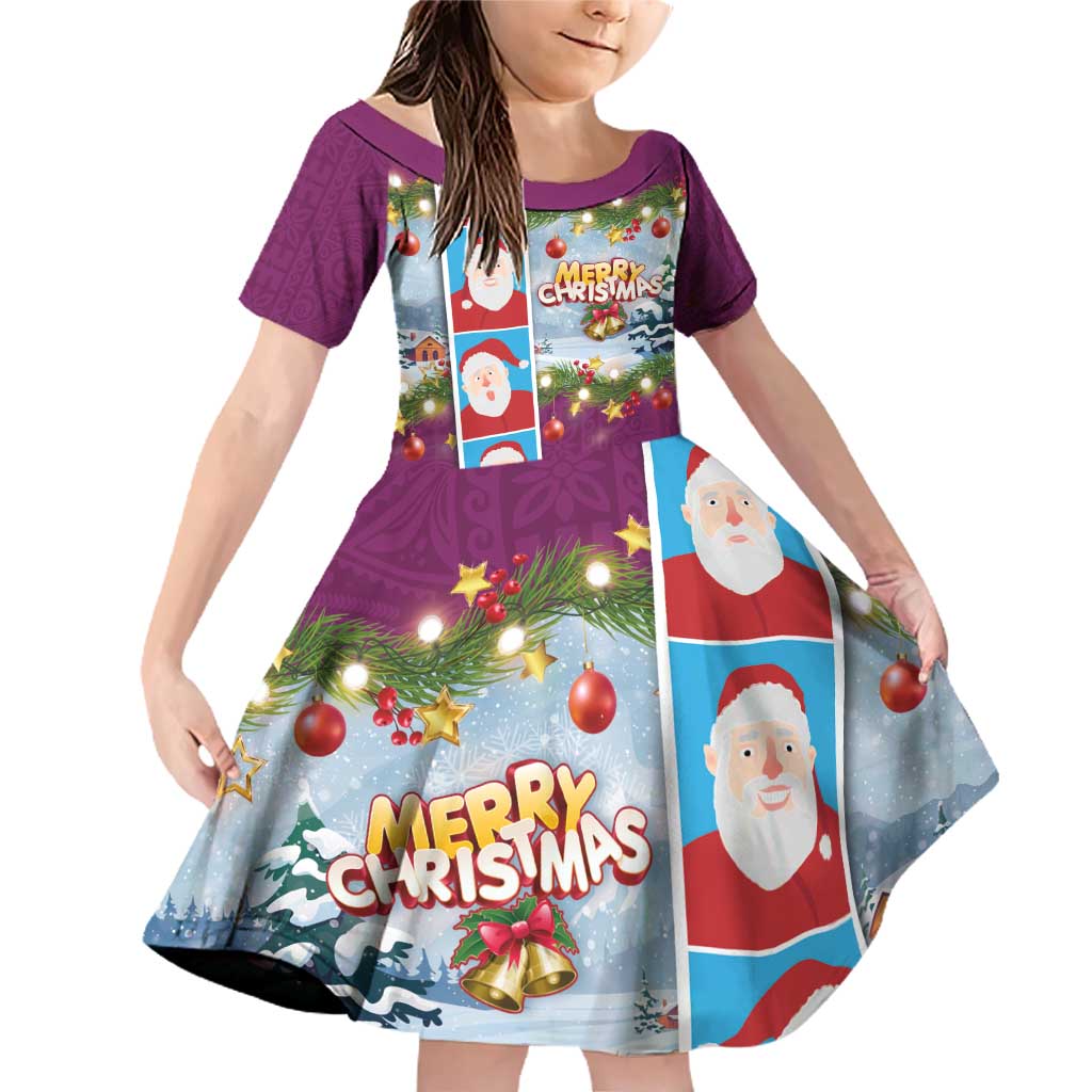Merry Christmas Family Matching Off Shoulder Short Dress and Hawaiian Shirt Funny Santa Claus Cards Photo and Polynesian Pattern Pink Color LT03 Daughter's Dress Pink - Polynesian Pride