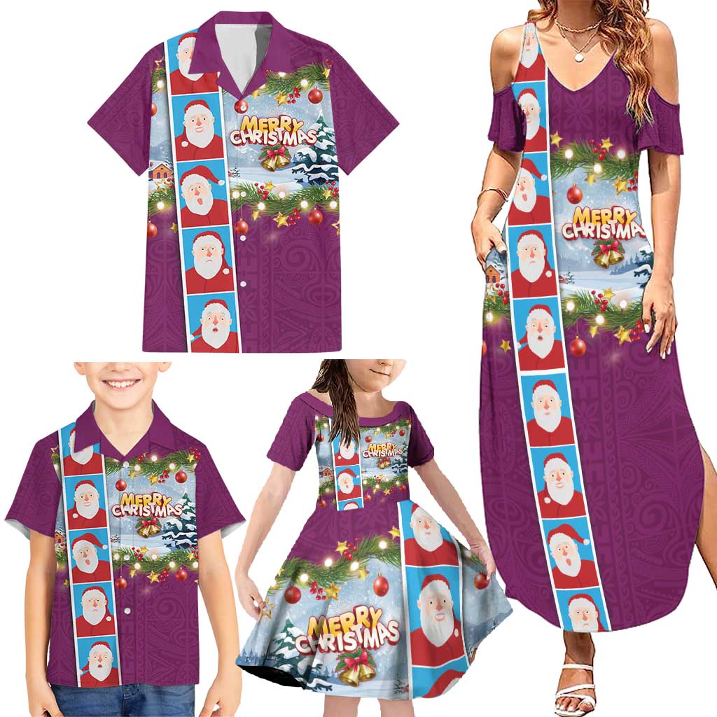 Merry Christmas Family Matching Summer Maxi Dress and Hawaiian Shirt Funny Santa Claus Cards Photo and Polynesian Pattern Pink Color