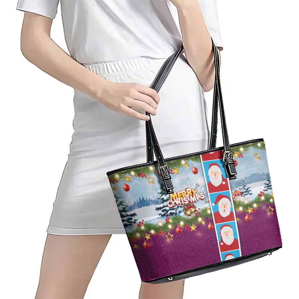 Merry Christmas Leather Tote Bag Funny Santa Claus Cards Photo and Polynesian Pattern Pink Color LT03 - Polynesian Pride