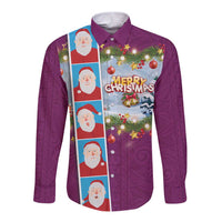 Merry Christmas Long Sleeve Button Shirt Funny Santa Claus Cards Photo and Polynesian Pattern Pink Color LT03 Unisex Pink - Polynesian Pride
