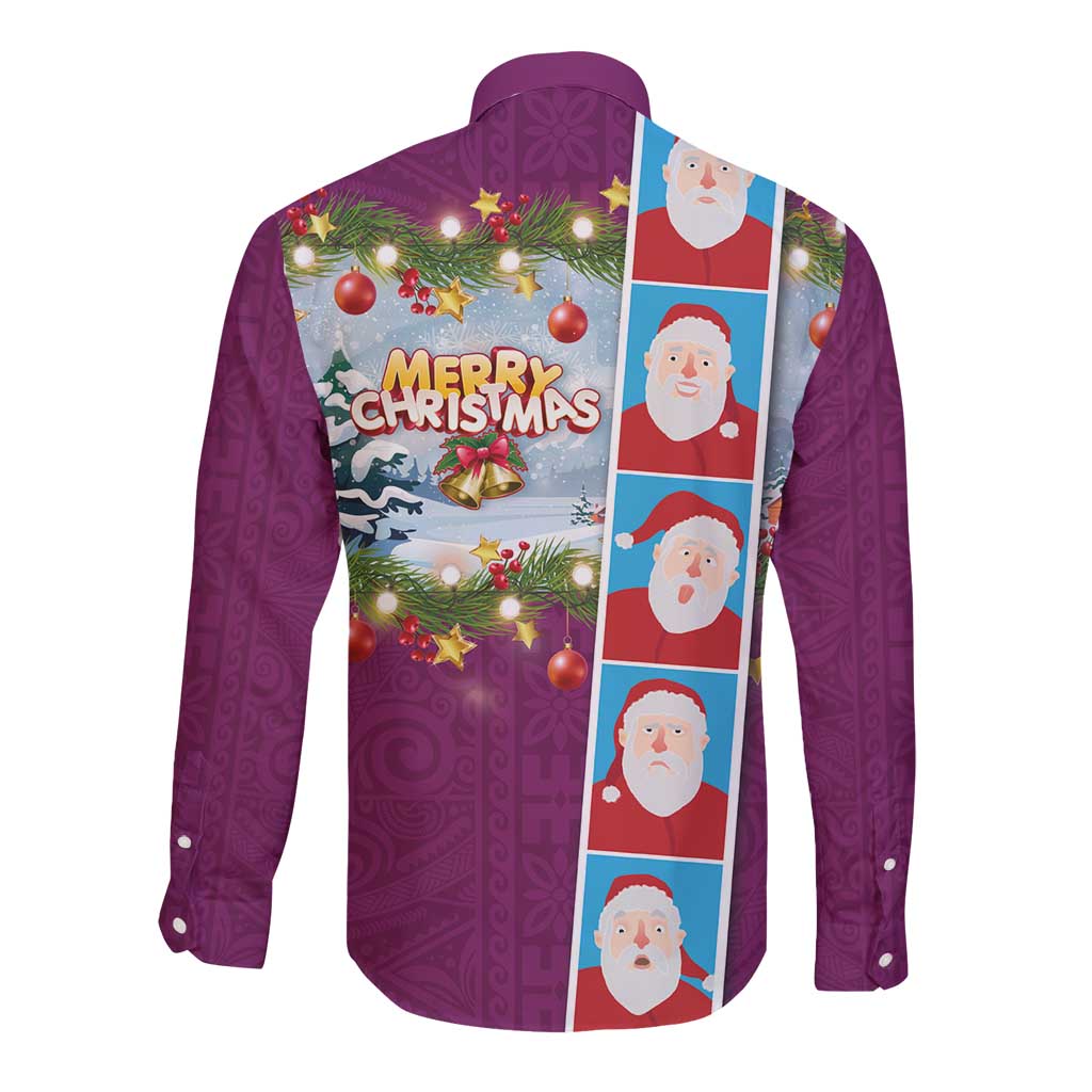 Merry Christmas Long Sleeve Button Shirt Funny Santa Claus Cards Photo and Polynesian Pattern Pink Color LT03 - Polynesian Pride