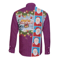 Merry Christmas Long Sleeve Button Shirt Funny Santa Claus Cards Photo and Polynesian Pattern Pink Color LT03 - Polynesian Pride