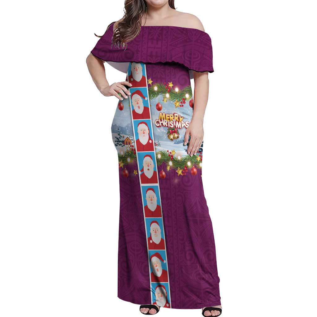 Merry Christmas Off Shoulder Maxi Dress Funny Santa Claus Cards Photo and Polynesian Pattern Pink Color