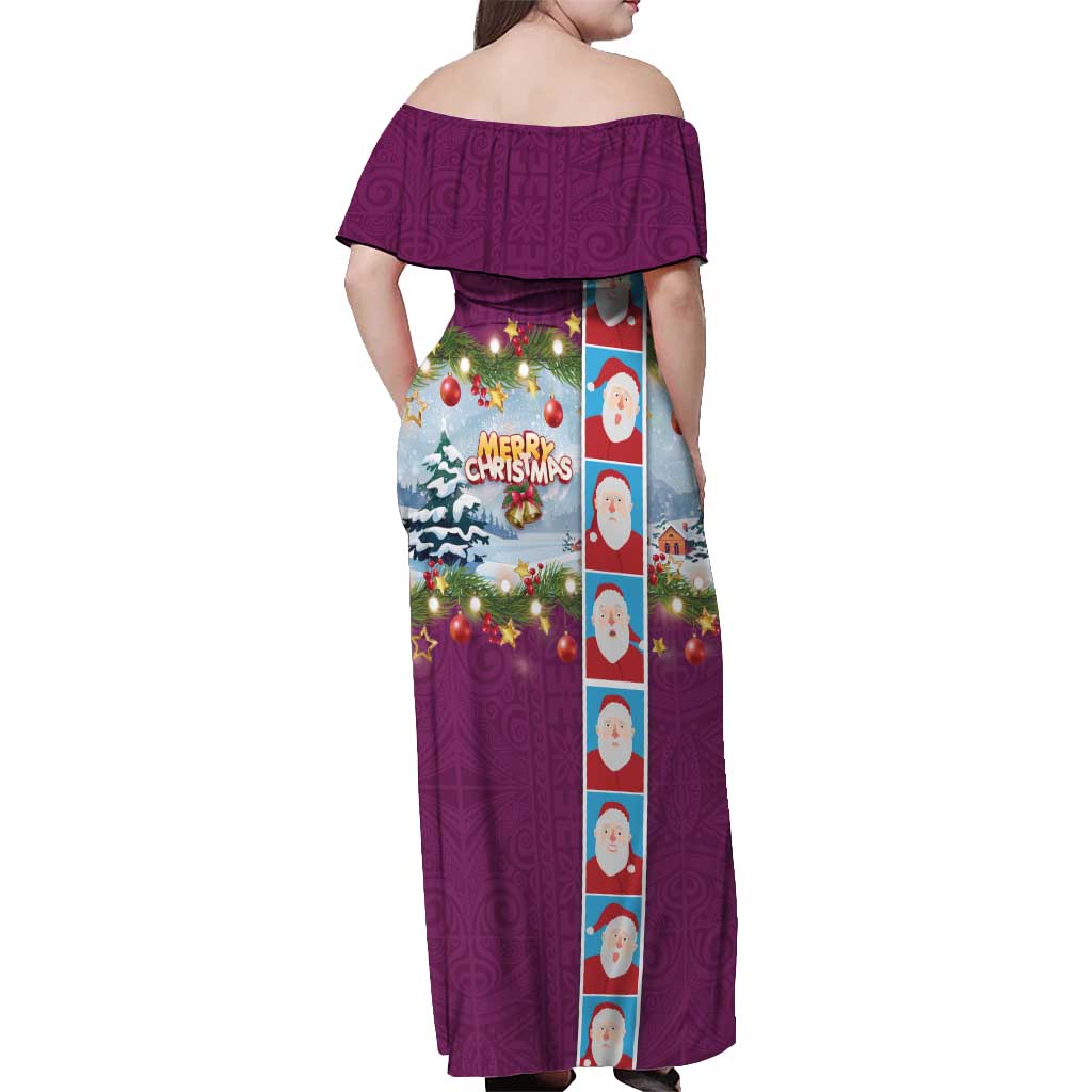 Merry Christmas Off Shoulder Maxi Dress Funny Santa Claus Cards Photo and Polynesian Pattern Pink Color LT03 - Polynesian Pride