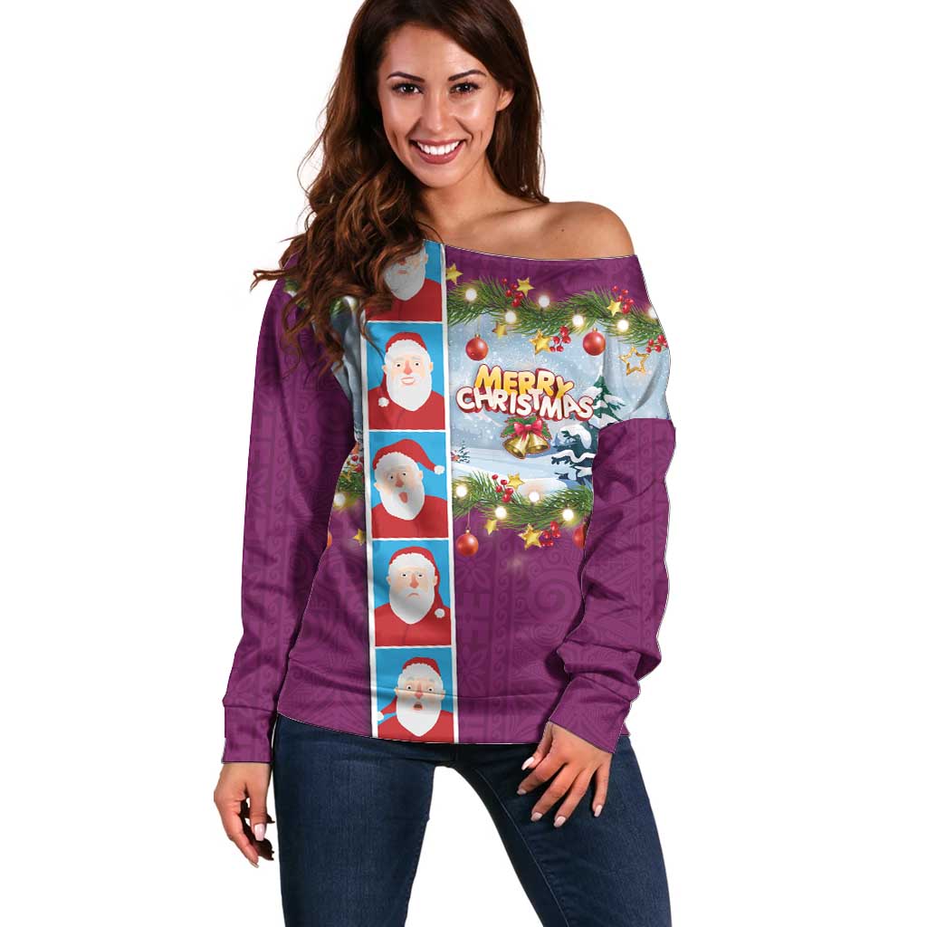 Merry Christmas Off Shoulder Sweater Funny Santa Claus Cards Photo and Polynesian Pattern Pink Color