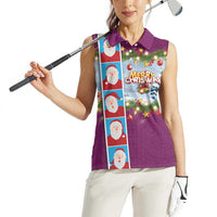Merry Christmas Women Sleeveless Polo Shirt Funny Santa Claus Cards Photo and Polynesian Pattern Pink Color LT03 - Polynesian Pride