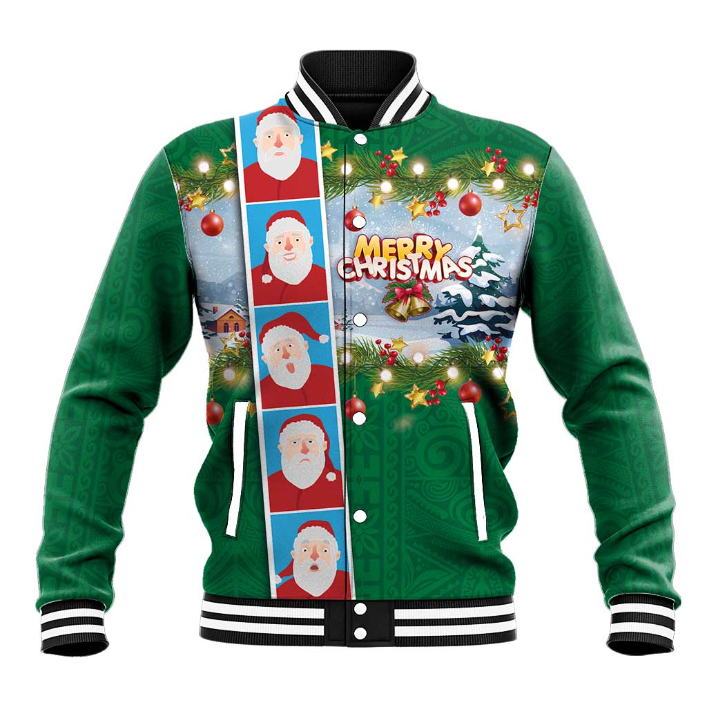 Merry Christmas Baseball Jacket Funny Santa Claus Cards Photo and Polynesian Pattern Green Color LT03 Unisex Green - Polynesian Pride
