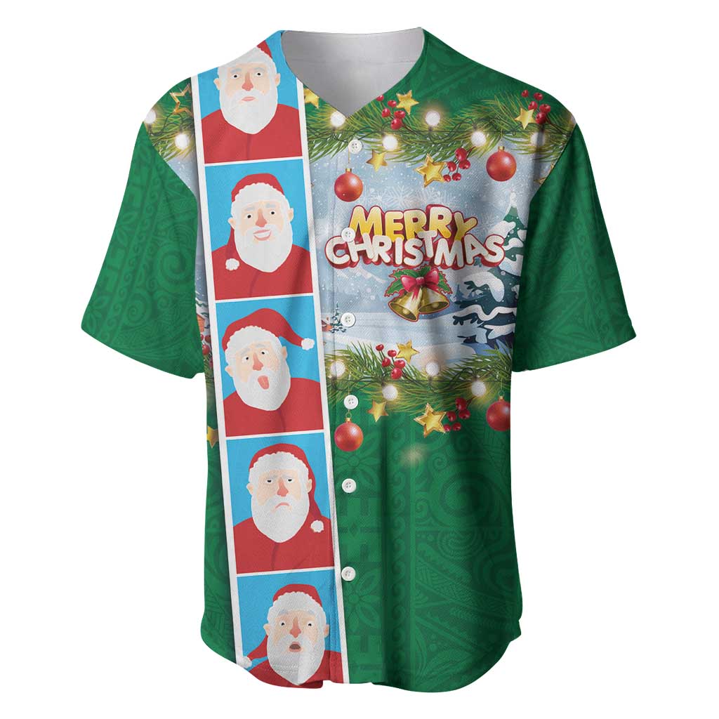 Merry Christmas Baseball Jersey Funny Santa Claus Cards Photo and Polynesian Pattern Green Color LT03 Green - Polynesian Pride