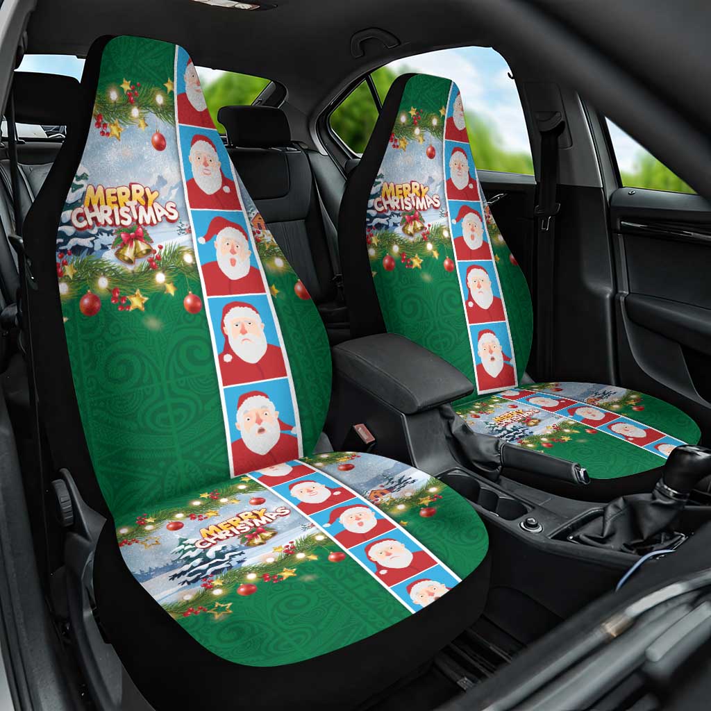 Merry Christmas Car Seat Cover Funny Santa Claus Cards Photo and Polynesian Pattern Green Color